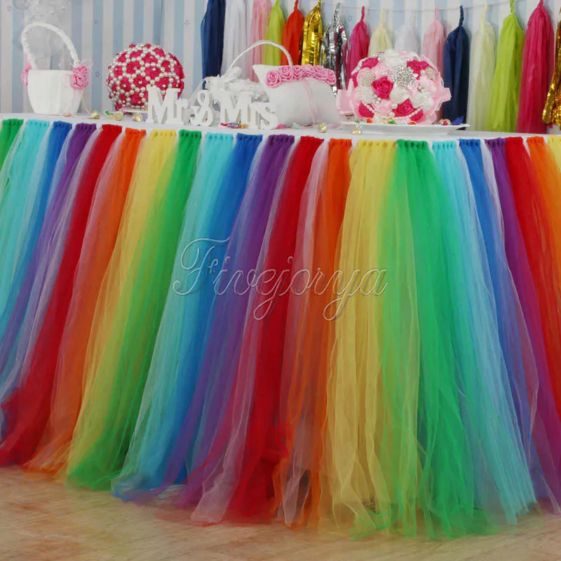  Colorful Rainbow Style Tulle Tutu Table Skirt 100cm x 80cm for Wedding Favors Party Baby Shower Dec
