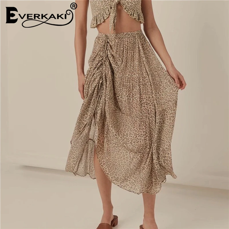 

Everkaki Boho Skirt Leopard Print Skirts Women Lace Up Elastic A-Line Loose Bohemian Skirt Femme 2019 Summer Autumn New
