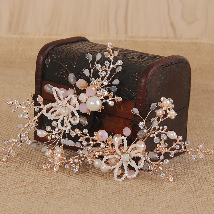 

2Pcs/Lot Rose Gold Flowers Wedding Hairpins Clip Women Prom Tiara Bride Hair Ornaments Wedding Bridal Hair Jewelry Accessories