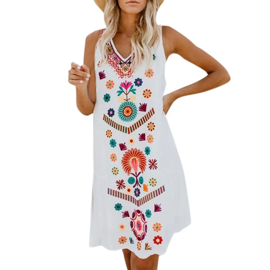 

Feitong Womens Holiday Boho Print Dress Ladies Summer Pomisi Casual Loose Beach Dress Female Sleeveless Print Loose Dresses 2019