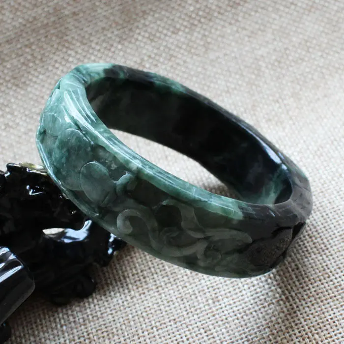 

A759 Chinese Hand-carved Emerald Green stoneite stone Gems Bracelet Bangle 59mm
