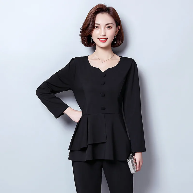 L-5xl الأسود عارضة 2 قطعة مجموعة المرأة زائد حجم طويلة الأكمام بلوزات وسراويل مجموعات الدعاوى مكتب أنيقة اثنين من قطعة مجموعة المرأة مجموعات