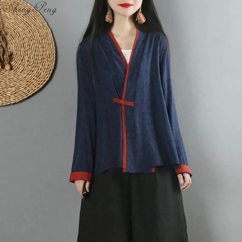 Традиционная китайская рубашка блузка Женский Восточный Чонсам Топ Кардиган льняная Китайская традиционная одежда V1476