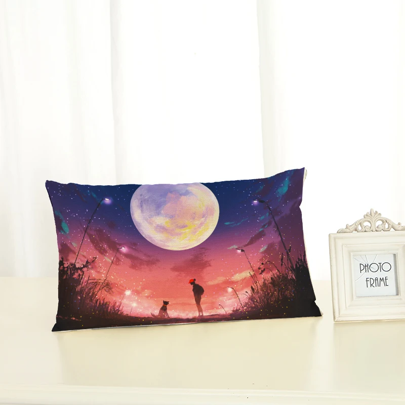 

Moon Scenery Cushion Covers Green Plant Home decoration 30x50 Decorative Beige Linen Pillow Case