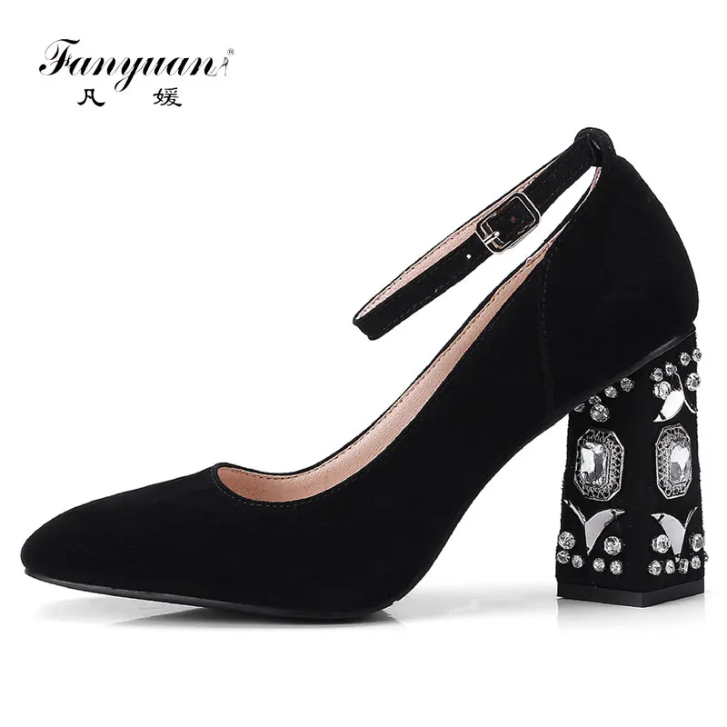 

Fanyuan 2018 Spring fashion square toe ankle strap Retro shoes rhinestone high heels women pumps suede leather party shoes