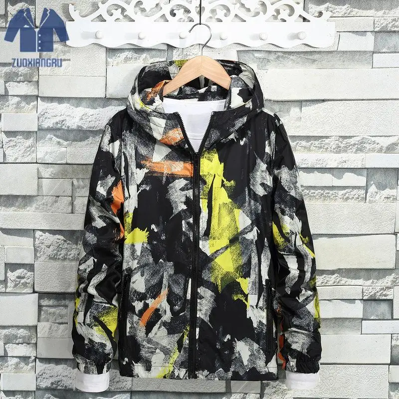 

New Spring Autumn Men Tactical Bomber Jackets Thin Reflective Summer Print Camouflage Zipper Hooded Jacket Men Plus Size M-7xl