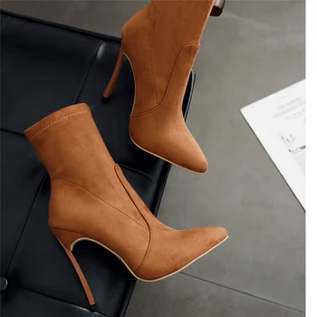 

2020 Women 11.5cm High Heels Ankle Fetish Sock Boots Plus Size 42 Thin Heels Winter Boots Stiletto Suede Scarpins Brown Shoes