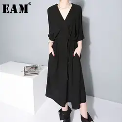 [EAM] 2019 Новое весенне-летнее шифоновое платье свободного кроя с v-образным вырезом и коротким рукавом для женщин JF733