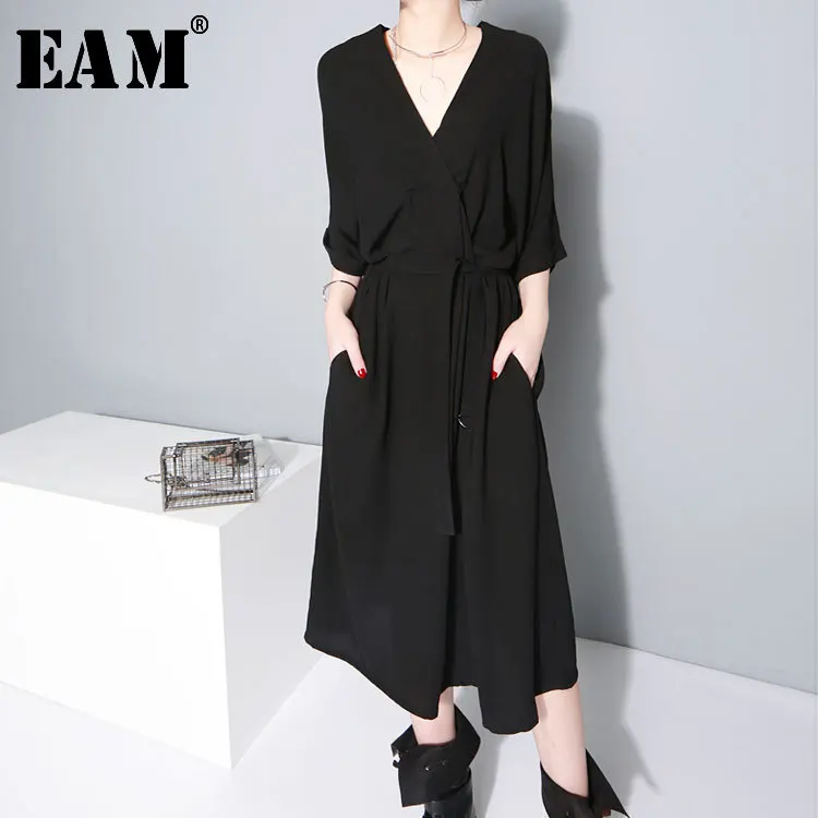 

[EAM] 2019 New Spring Summer V-collar Half Sleeve Bandgae Loose Temperament Loose Big Size Chiffon Dress Women Fashion JF733