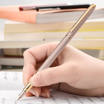 

NEW Hero 10K Gold Nib Metal Grey Fountain Pen Slim-Long Ink Pen Urban Fashion Women Lady Ripple Quality Pen Writing Gift Pen Set