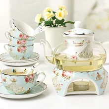 Горячая Европейский Стиль костяного фарфора бытовые Цветочный чай Чай комплект Стекло Кофе горшок 14 шт. комплект с теплым Керамика Кофе чашки тарелка ложка