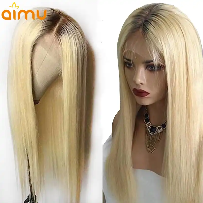 T4 613 Brown Roots Ombre Blonde Color Transparent Lace Front Real