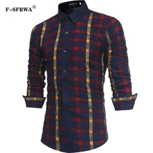 F-SFRWA с длинным рукавом Для мужчин рубашки в клетку мужской Повседневное модные мужские рубашки облегающая в клетку рубашка Размеры XXL Camisa Masculina