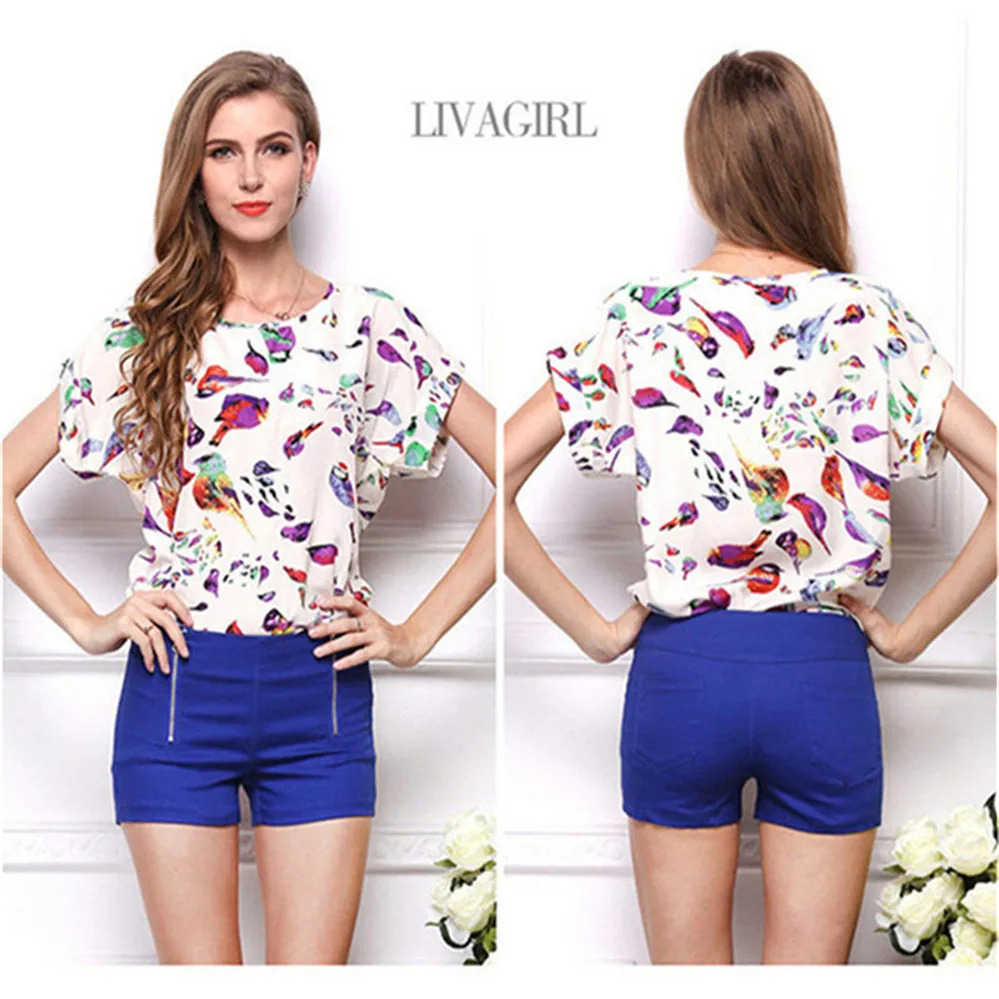 Summer Vintage Wheels Blusas Femininas Womens O-Neck Front Up Short Sleeve Blouse Sexy Multicolor Chiffon Shirt Tops Plus Size (14)