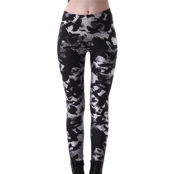 

2017 New Women's Black Milk Workout Leggings Plus size Crow Printed Fitness Pants Female Leggins Slim Sexy Jeggings Trousers 4XL