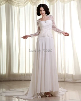 

2015 New arrival Modest Beach Wedding Dresses sheath column pleated Chiffon White lace long sleeve sexy summer Bridal Gowns