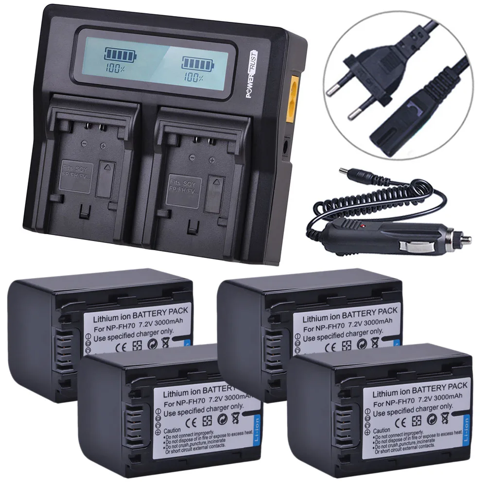 

4x 3000mAh NP-FH70 NP FH70 FH70 Battery + LCD Rapid Dual Charger For Sony DCR-SX60 HDR-UX7E UX7 UX5E TG1 TG3 TG5V Camera Battery