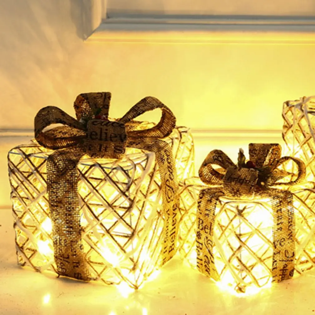 

3pcs/set Watch Christmas LED Wrought Iron Decoration Gift Box Light Up LED Christmas Parcels Gift Box Christmas Decorations