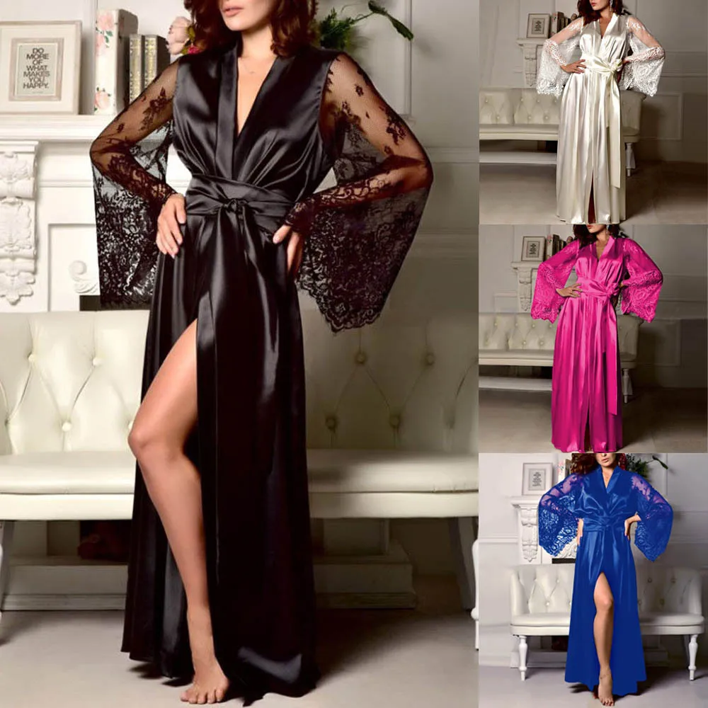 

New Sexy V-Neck Lingerie Women Silk Long Robe Dress Transparent Hollow Lace Babydoll Nightdress Nightwear Sleepwear
