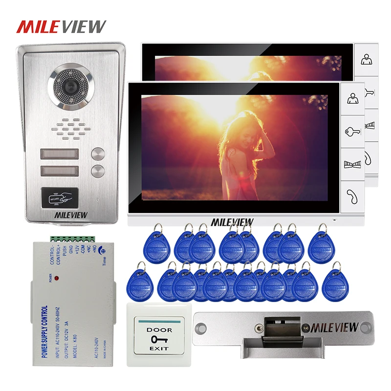 

FREE SHIPPING 9" LCD Monitor Video Door Phone Intercom System 2 Screens RFID Unlock Camera for 2 Apartment Electric Strike Lock