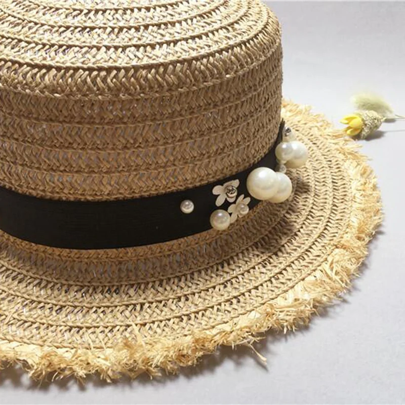 Lovely Flat Top Straw Hat Summer Spring Women'S Trip Caps Leisure Pearl Beach Sun Hats Breathable Fashion Flower Girl Hat