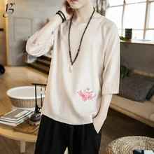 Льняная футболка с круглым воротником, Винтажная футболка с вышивкой в стиле лотоса, большие размеры, футболка с вышивкой в виде лотоса, льняные рукава