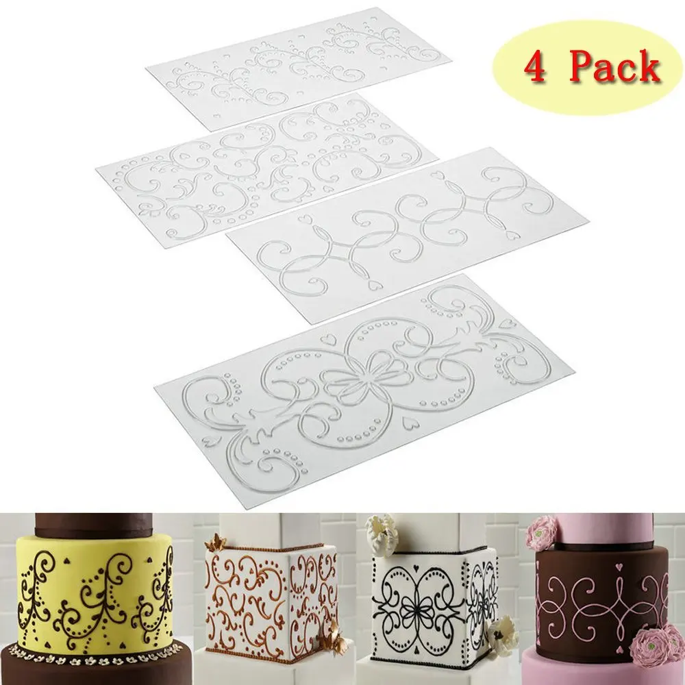 

Set of 4 Cake Fondant Impression Mat Mould Baroque Style Curlicues Scroll Lace Fondant Imprint Mats- Plastic Cake Decorating Sup