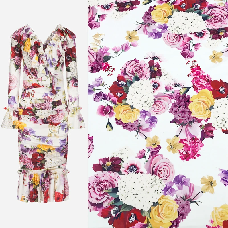 

145cm Width Hydrangeas and Flowers Print Polyester Charmeuse Fabric for Woman Summer Dress Pajama Shirt Pants Sewing-AF964