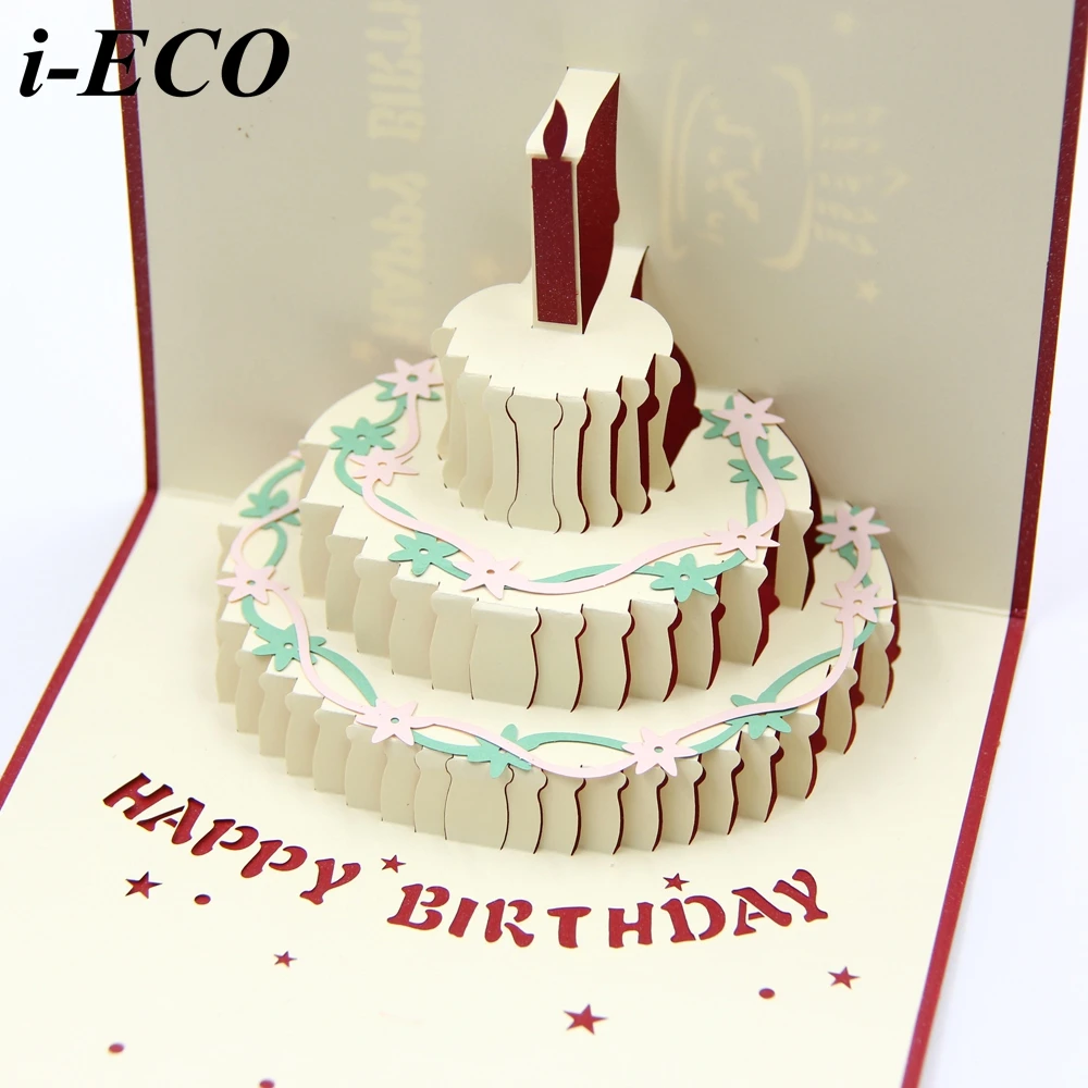 1 PC DIY Selamat Ulang Tahun Kartu Ulang Tahun 3D Kue Potong Laser