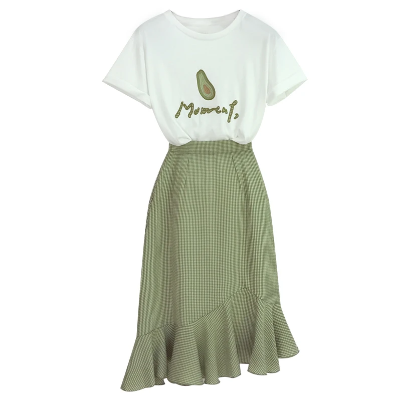 Лето, женская футболка с круглым вырезом и рисунком авокадо+ юбка, комплект из 2 предметов, женские повседневные Костюмы, праздничные платья, A1417