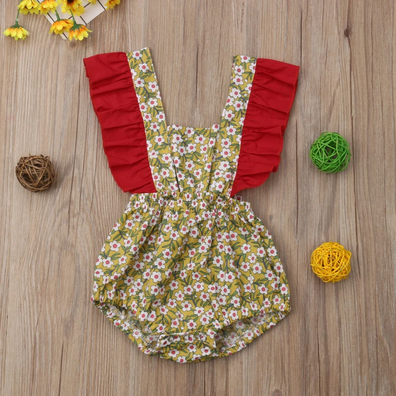 Цветочные Ползунки с оборками для маленьких девочек, Летний комбинезон для Новорожденные девочки, летний костюм с открытой спиной, детские костюмы