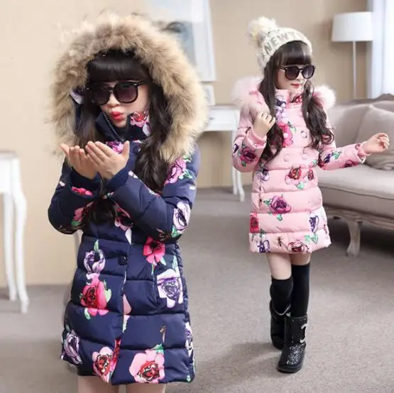

new 2018 winter big virgin padded coat girls long section thick cotton jacket kids flower pattern warm outwear -30 Degree