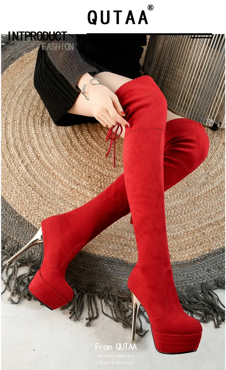 QUTAA/ Для женщин Ботфорты сапоги до колена пикантная обувь на платформе универсальные тонкий высокий каблук Зимняя обувь женские ботинки с круглым носком Размеры 34–43