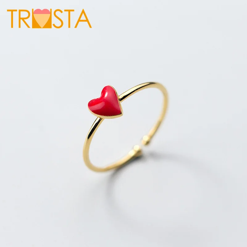 Trusta 100% 925 Real Sterling Silver Fashion Jewelry Gold Red Heart Cocktail Ring Sizable 5 6 7 Girl 2018 Kids Xmas Gift XY855