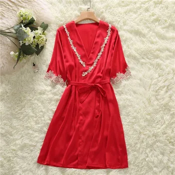 

Tops quality Summer plus size women red Robes short sleeve sexy pajamas female bathrobe lace sleepwear lady's ice silk bathrobe