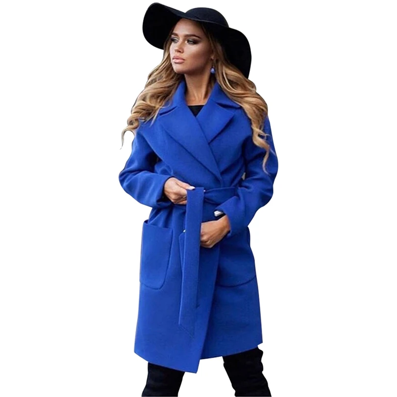  MVGIRLRU elegant Long Women's coat lapel 2 pockets belted Jackets solid color coats Female Outerwea