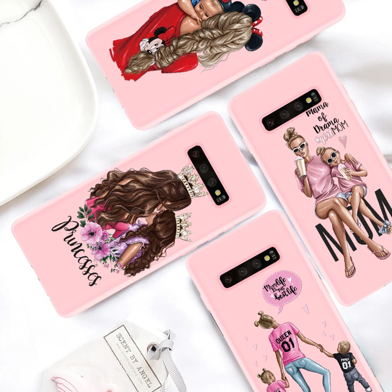 

Black Brown Hair Baby Mom Girl Case For Samsung Galaxy A7 A8 A6 Plus A9 2018 A50 A40 A5 2017 2016 S10 S8 S9 Plus TPU Pink Case
