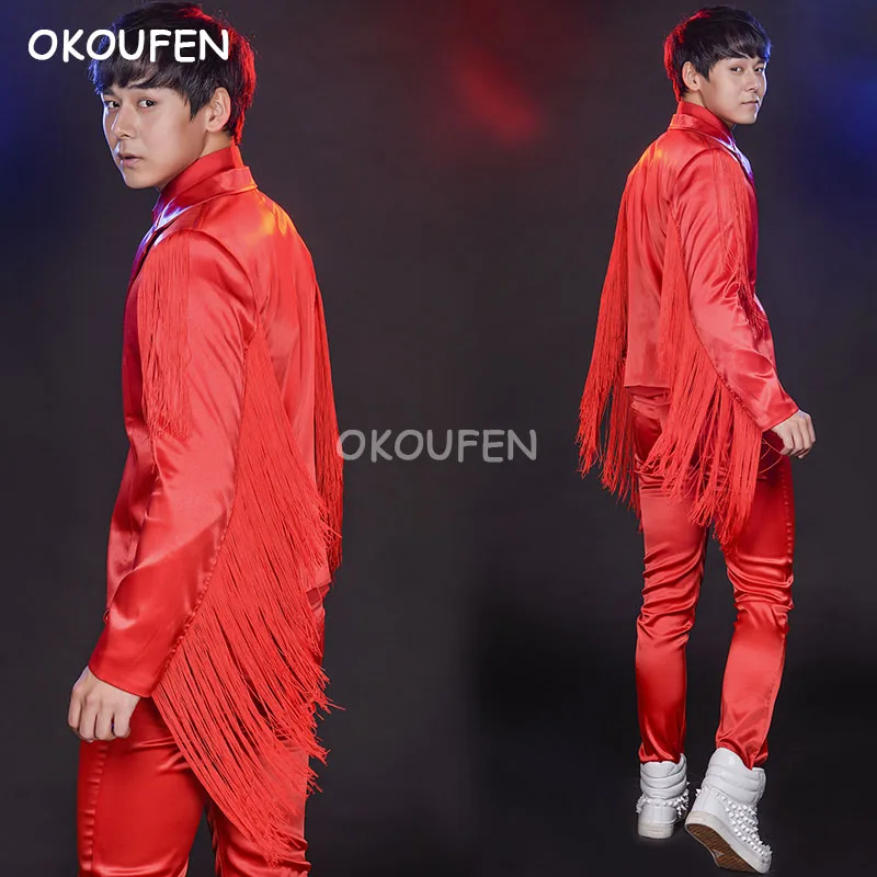 

Звездные стили, мужские красные костюмы с кисточками для ночного клуба, мужской певец, набор для выступлений на сцене, ударные джазовые танцевальные костюмы, костюм