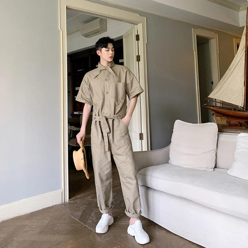 

MIXCUBIC 2019 spring England style retro Unique bow tie Romper pants men casual loose belt Rompers pants for men,M-2XL