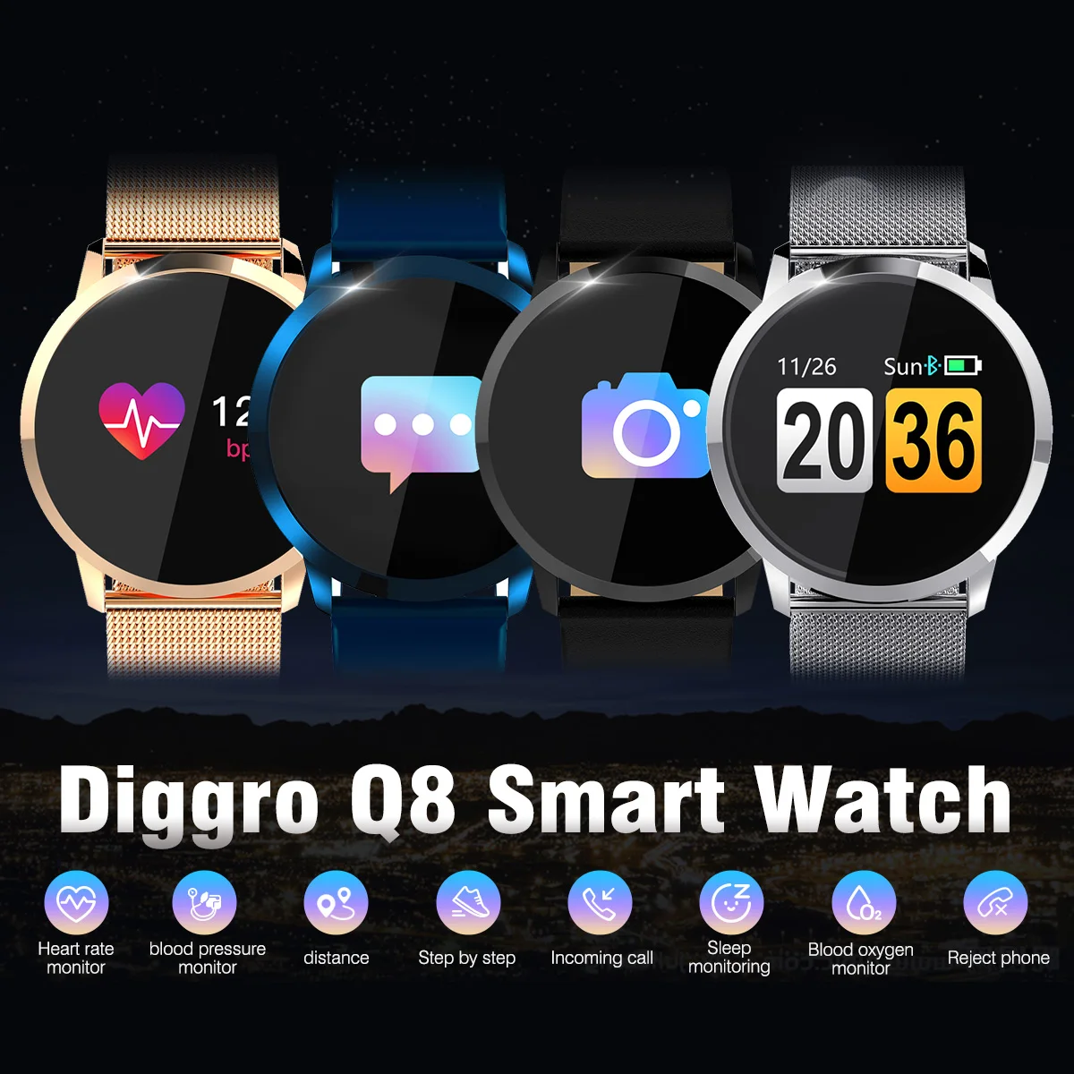 Diggro Q8 OLED Bluetooth Smart Watch Stainless Steel Waterproof Wearable Device Smartwatch Wristwatch Men Women Fitness Tracker Diggro Q8 OLED Bluetooth Smart Watch Stainless Steel Waterproof Wearable Device Smartwatch Wristwatch Men Women Fitness Tracker