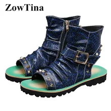 Винтаж Дизайн Для мужчин Туфли без каблуков Летняя обувь синего джинсового цвета кожаные сандалии с шипами Sandalias Masculino Ремешок на щиколотке Мужская обувь