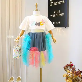 

2019 Baby Girls Summer Fashion Dress Sets, Letter T-shirt+ Mesh Skirts 5 sets/lot, Wholesale, Free Shipping