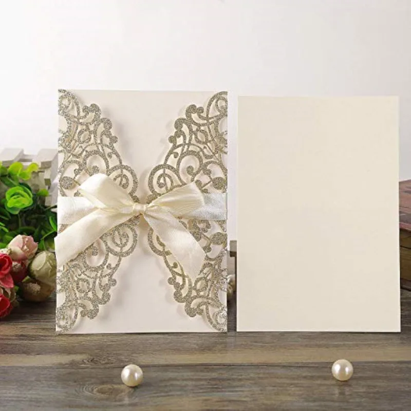  25PCS 5.12 x 7.1 '' Laser Cut Bling Wedding Invitations Cards with Ivory Ribbons - 4.00002E+12