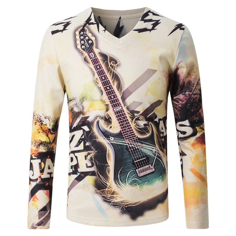 Men T Shirts New Fashion Brand Guitar Print V Neck Long Sleeve Cotton t