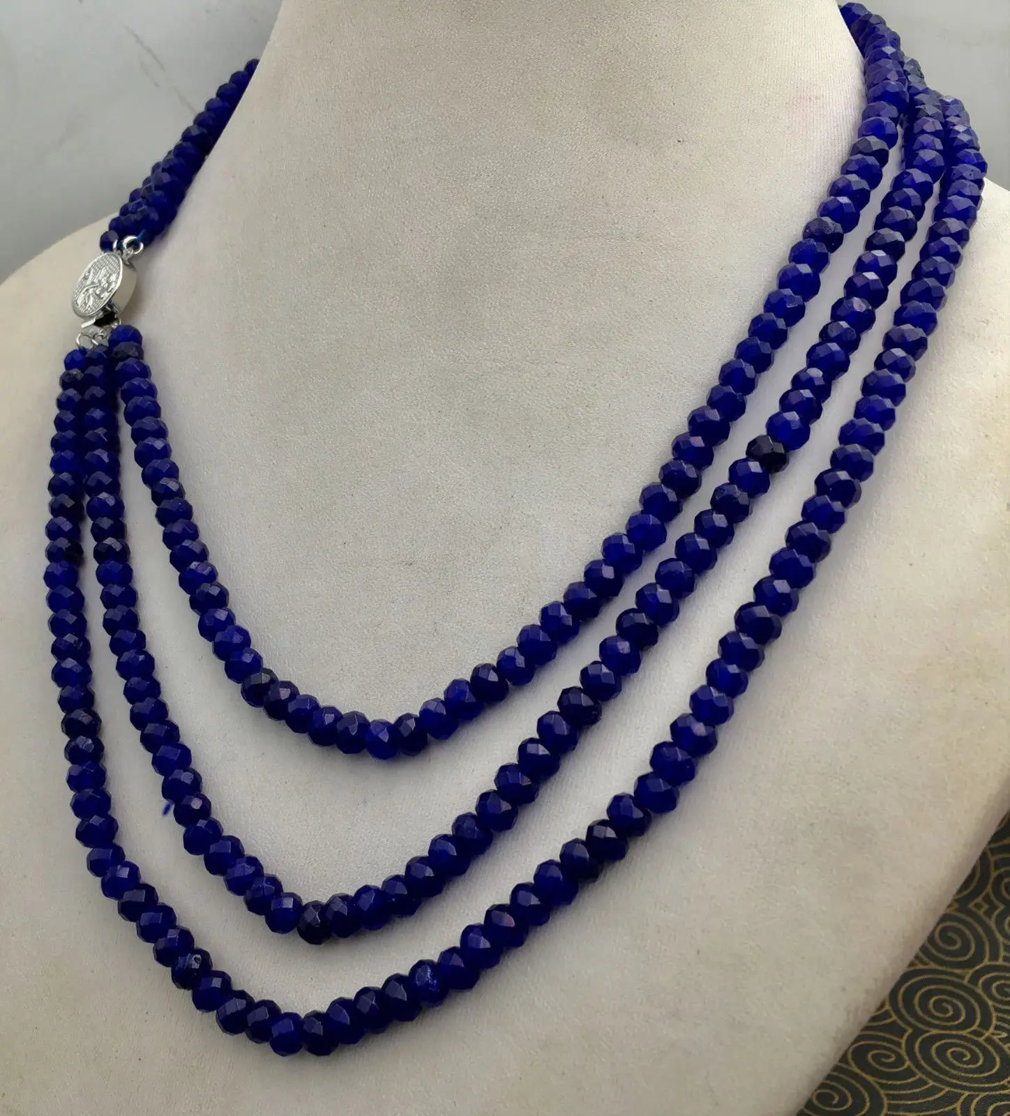 Huge 2x4mm Natural Blue Sapphire Faceted Beads Necklace 3 Row 18-20 ...