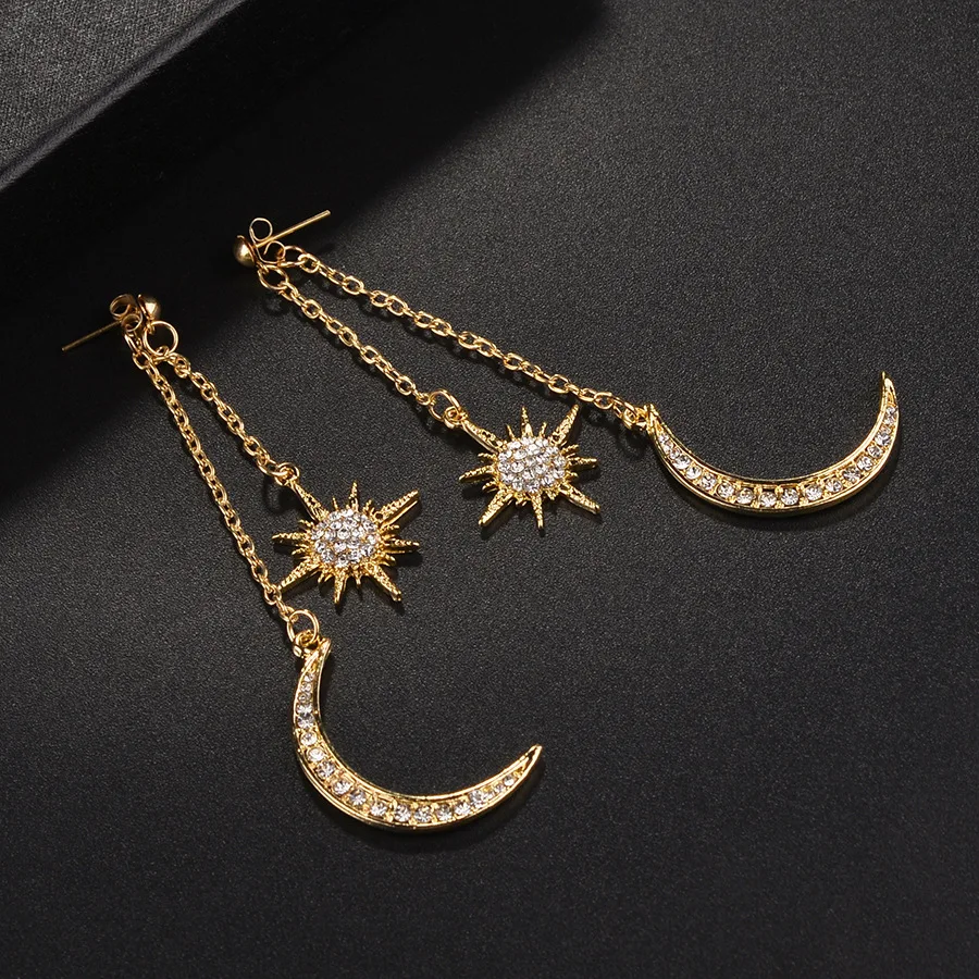 Big Luxury Sun Moon Drop Earrings Rhinestone Punk Earrings for Women