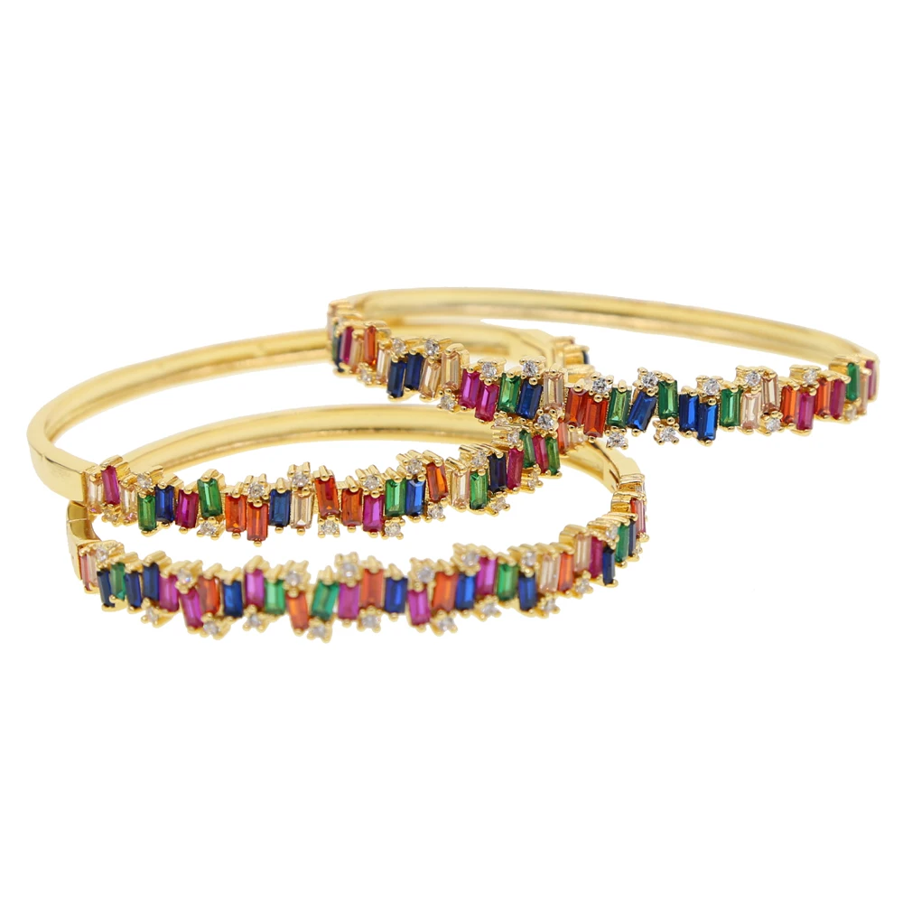 

2019 drop shipping rainbow baguette colorful cz paved inner 56-58mm bangle for women lady gorgeous luxury gold color bracelet