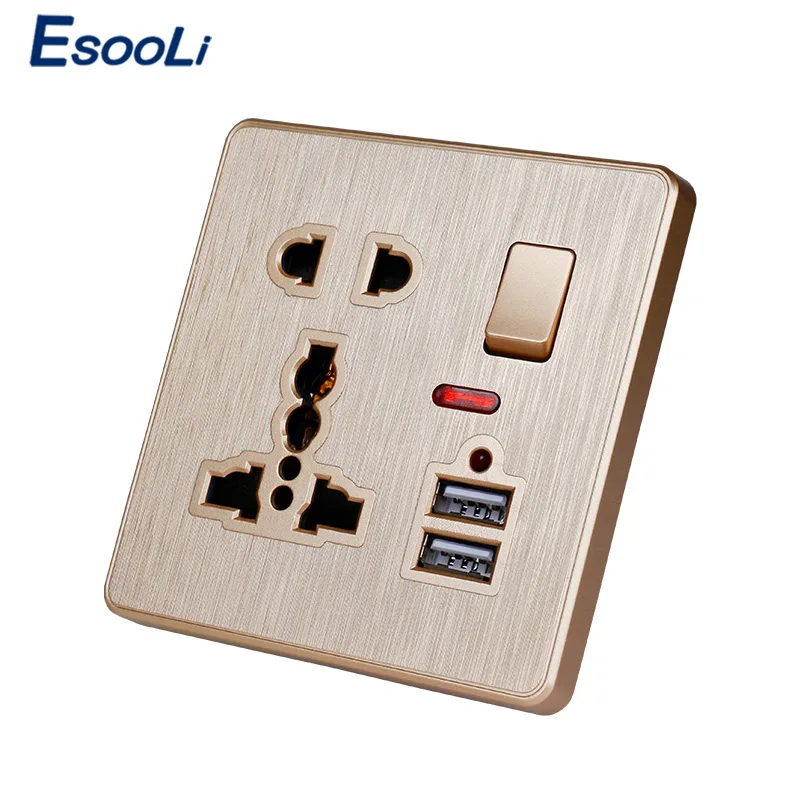Esooli настенная розетка 13A универсальная 5 отверстий переключаемая 2.1A двойной usb