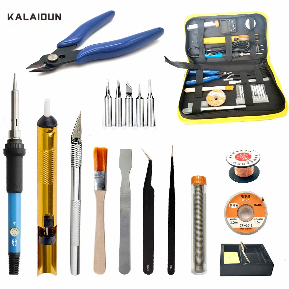 

KALAIDUN Soldering Iron Kit 60W Adjustable Temperature Welding Tool 5pcs Soldering Iron Tips Wire Tip Pliers Desoldering Pump