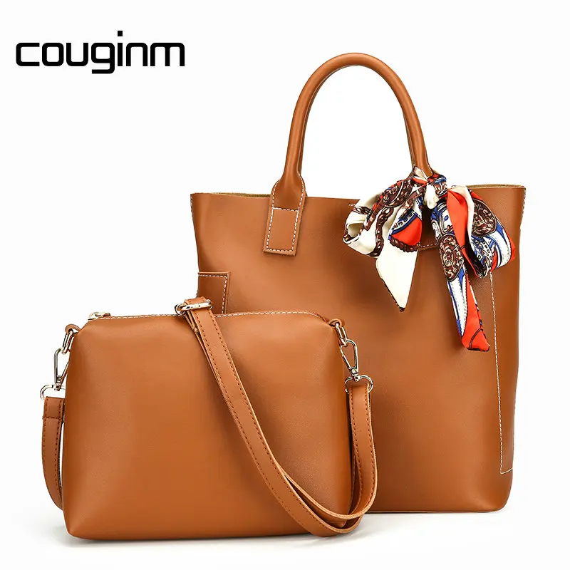 

COUGINM Fashion Women Composite Bag Ribbon Pure PU Leather Shoulder Bag Women Handbag 2 Pcs Set Large Tote Female Shopping Bag
